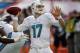 Dec 15, 2013; Miami Gardens, FL, USA: Miami Dolphins quarterback Ryan Tannehill (17) passes against the New England Patriots in the second quarter at Sun Life Stadium. Mandatory Credit: Robert Mayer-USA TODAY Sports