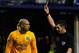 LIVERPOOL, ENGLAND - DECEMBER 26: Tim Howard (L) of Everton receives a red card from referee Lee Probert after fouling Ki Sung-Yueng (not pictured) of Sunderland inside the penalty box during the Barclays Premier League match between Everton and Sunderland at Goodison Park on December 26, 2013 in Liverpool, England. (Photo by Paul Thomas/Getty Images)