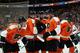 PHILADELPHIA, PA - DECEMBER 23: Brayden Schenn #10, Luke Schenn #22, Andrej Meszaros #41, Scott Hartnell #19, and Wayne Simmonds #17 of the Philadelphia Flyers celebrate Luke Schenn's first period goal against the Minnesota Wild on December 23, 2013 at the Wells Fargo Center in Philadelphia, Pennsylvania. Scott Hartnell earned an assist on the goal, giving him 500 points in his NHL career. (Photo by Len Redkoles/NHLI via Getty Images)