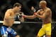 Jul 6, 2013; Las Vegas, NV, USA; Chris Weidman, blue shorts, defeated Anderson Silva (yellow shorts) in the second round with a TKO in their Middleweight Chamionship Bout at the MGM Grand Garden Arena. Mandatory Credit: Jayne Kamin-Oncea-USA TODAY Sports
