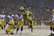 Dec 22, 2013; Green Bay, WI, USA; Green Bay Packers running back Eddie Lacy (27) leaps for a touchdown during the first quarter against the Pittsburgh Steelers at Lambeau Field. Mandatory Credit: Jeff Hanisch-USA TODAY Sports