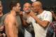 Dec 27, 2013; Las Vegas, NV, USA; Chris Weidman and Anderson Silva face off at the weigh-in for their UFC Middleweight Title Fight at MGM Grand Garden Arena. Mandatory Credit: Jayne Kamin-Oncea-USA TODAY Sports