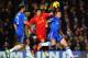 LONDON, ENGLAND - NOVEMBER 11: Luis Suarez (C) of Liverpool holds off the challenge of Branislav Ivanovic (L) and Cesar Azpilicueta (R) of Chelsea during the Barclays Premier League match between Chelsea and Liverpool at Stamford Bridge on November 11, 2012 in London, England. (Photo by Mike Hewitt/Getty Images)