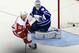 Dec 21, 2013; Toronto, Ontario, CAN; Detroit Red Wings forward Daniel Alfredsson (11) scores on Toronto Maple Leafs goaltender Jonathan Bernier (45) during the shoot out at the Air Canada Centre. Detroit defeated Toronto 5-4 in an overtime shoot out. Mandatory Credit: John E. Sokolowski-USA TODAY Sports