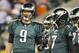 Dec 22, 2013; Philadelphia, PA, USA; Philadelphia Eagles quarterback Nick Foles (9) and quarterback Michael Vick (7) speak during pre game at Lincoln Financial Field. Mandatory Credit: Tommy Gilligan-USA TODAY Sports