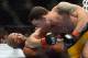 Dec 28, 2013; Las Vegas, NV, USA; Chris Weidman (red gloves) and Anderson Silva (blue gloves) fight during their UFC middleweight championship bout at the MGM Grand Garden Arena. Weidman won. Mandatory Credit: Jayne Kamin-Oncea-USA TODAY Sports