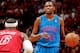 MIAMI, FL - DECEMBER 25: Kevin Durant #35 of the Oklahoma City Thunder advances the ball against LeBron James #6 of the Miami Heat during a Christmas Day game on December 25, 2012 at American Airlines Arena in Miami, Florida. NOTE TO USER: User expressly acknowledges and agrees that, by downloading and/or using this photograph, user is consenting to the terms and conditions of the Getty Images License Agreement. Mandatory copyright notice: Copyright NBAE 2012 (Photo by Issac Baldizon/NBAE via Getty Images)