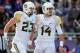 FORT WORTH, TX - NOVEMBER 30: (L-R) Clay Fuller #23 of the Baylor Bears and Bryce Petty #14 celebrate a touchdown against the TCU Horned Frogs at Amon G. Carter Stadium on November 30, 2013 in Fort Worth, Texas. (Photo by Ronald Martinez/Getty Images)