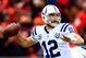 KANSAS CITY, MO - DECEMBER 22: Quarterback Andrew Luck #12 of the Indianapolis Colts passes during the game against the Kansas City Chiefs at Arrowhead Stadium on December 22, 2013 in Kansas City, Missouri. (Photo by Jamie Squire/Getty Images)