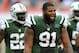 Dec 29, 2013; Miami Gardens, FL, USA; New York Jets defensive end Sheldon Richardson (91) reacts during the second half against the Miami Dolphins at Sun Life Stadium. Mandatory Credit: Steve Mitchell-USA TODAY Sports