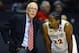 Dec 18, 2013; San Diego, CA, USA; San Diego State Aztecs head coach Steve Fisher talks with forward Josh Davis (22) during the second half against the Southern Utah Thunderbirds at Viejas Arena. The Aztecs won 76-39. Mandatory Credit: Christopher Hanewinckel-USA TODAY Sports