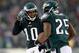 PHILADELPHIA, PA - DECEMBER 08: DeSean Jackson #10 of the Philadelphia Eagles congratulates teammate LeSean McCoy #25 after McCoy scored a touchdown against the Detroit Lions on December 8, 2013 at Lincoln Financial Field in Philadelphia, Pennsylvania.The Philadelphia Eagles defeated the Detroit Lions 34-20. (Photo by Elsa/Getty Images)