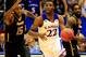 LAWRENCE, KS - NOVEMBER 22: Andrew Wiggins #22 of the Kansas Jayhawks drives upcourt on a fast break as Timajh Parker-Rivera #15 and Rafriel Guthrie #22 of the Towson Tigers chase during the game at Allen Fieldhouse on November 22, 2013 in Lawrence, Kansas. (Photo by Jamie Squire/Getty Images)