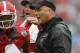 Jan 1, 2014; Jacksonville, FL, USA; Georgia Bulldogs head coach Mark Richt talks to his team during a time out in the third quarter of their game against the Nebraska Cornhuskers at EverBank Field. The Nebraska Cornhuskers beat the Georgia Bulldogs 24-19. Mandatory Credit: Phil Sears-USA TODAY Sports