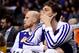 Dec 23, 2013; Phoenix, AZ, USA; Los Angeles Lakers center Pau Gasol (16) and center Chris Kaman (9) react on the bench in the second half against the Phoenix Suns at US Airways Center. The Suns won 117-90. Mandatory Credit: Jennifer Stewart-USA TODAY Sports