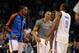 Nov 27, 2013; Oklahoma City, OK, USA; Oklahoma City Thunder small forward Kevin Durant (35) and point guard Russell Westbrook (0) and Thunder power forward Serge Ibaka (9) congratulate Thunder point guard Reggie Jackson (15) in a break in action against the San Antonio Spurs at Chesapeake Energy Arena. Mandatory Credit: Mark D. Smith-USA TODAY Sports