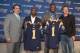 Apr 26, 2013; St. Louis, MO, USA; St. Louis Rams head coach Jeff Fisher (left) poses for a photo with 2013 first round draft picks Tavon Austin and Alec Ogletree and general manager Les Snead (right) during a press conference at ContinuityX Training Center. Mandatory Credit: Jeff Curry-USA TODAY Sports