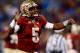 CHARLOTTE, NC - DECEMBER 07: Quarterback Jameis Winston #5 of the Florida State Seminoles reacts against the Duke Blue Devils during the ACC Championship game at Bank of America Stadium on December 7, 2013 in Charlotte, North Carolina. (Photo by Streeter Lecka/Getty Images)