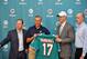 April 28, 2012; Davie, FL, USA; Miami Dolphins general manager Jeff Ireland, from left to right, Dolphins owner Stephen Ross, new quarterback Ryan Tannehill, and head coach Joe Philbin, all pose during press conference at the Dolphins training facility. Mandatory Credit: Steve Mitchell-USA TODAY Sports