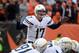 Jan 5, 2014; Cincinnati, OH, USA; San Diego Chargers quarterback Philip Rivers (17) gestures during the 2013 AFC wild card playoff football game against the Cincinnati Bengals at Paul Brown Stadium. Mandatory Credit: Kirby Lee-USA TODAY Sports