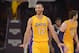 Jan 3, 2014; Los Angeles, CA, USA; Los Angeles Lakers guard Kendall Marshall (12) celebrates after a 3-point basket in the final minute against the Utah Jazz at Staples Center. The Lakers defeated the Jazz 110-99. Mandatory Credit: Kirby Lee-USA TODAY Sports