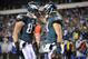 Jan 4, 2014; Philadelphia, PA, USA; Philadelphia Eagles wide receiver Riley Cooper (14) celebrates with teammate Brent Celek (left) after a touchdown catch against the New Orleans Saints during the first half 2013 NFC wild card playoff football game at Lincoln Financial Field. Mandatory Credit: Joe Camporeale-USA TODAY Sports