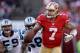 SAN FRANCISCO, CA - NOVEMBER 10: Colin Kaepernick #7 of the San Francisco 49ers is pressured by Thomas Davis #58 and Luke Kuechly #59 of the Carolina Panthers at Candlestick Park on November 10, 2013 in San Francisco, California. (Photo by Ezra Shaw/Getty Images)