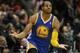 Jan 3, 2014; Atlanta, GA, USA; Golden State Warriors small forward Andre Iguodala (9) celebrates after a game winning shot against the Atlanta Hawks in the fourth quarter at Philips Arena. The Warriors defeated the Hawks 101-100. Mandatory Credit: Brett Davis-USA TODAY Sports