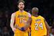 May 12, 2012; Los Angeles, CA, USA; Los Angeles Lakers power forward Pau Gasol (16) celebrates with teammate Kobe Bryant (24) after making a shot as time expires in the second quarter of game seven of the Western Conference quarterfinals of the 2012 NBA Playoffs against the Denver Nuggets at the Staples Center. Mandatory Credit: Jayne Kamin-Oncea-USA TODAY Sports