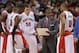 Dec 13, 2013; Toronto, Ontario, CAN; Toronto Raptors head coach Dwane Casey talks to guard DeMar DeRozan (10) and forward Tyler Hansbrough (50) and guard Terrence Ross (31) against the Philadelphia 76ers at Air Canada Centre. The Raptors beat the 76ers 108-100. Mandatory Credit: Tom Szczerbowski-USA TODAY Sports