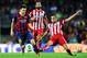 BARCELONA, SPAIN - AUGUST 28: Lionel Messi (L) of FC Barcelona is challenged by Mario Suarez of Atletico de Madrid during the Spanish Super Cup second leg match between FC Barcelona and Atletico de Madrid at Nou Camp on August 28, 2013 in Barcelona, Spain. (Photo by David Ramos/Getty Images)