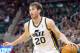Jan 7, 2014; Salt Lake City, UT, USA; Utah Jazz shooting guard Gordon Hayward (20) dribbles during the second half against the Oklahoma City Thunder at EnergySolutions Arena. The Jazz won 112-101. Mandatory Credit: Russ Isabella-USA TODAY Sports