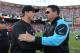 November 10, 2013; San Francisco, CA, USA; San Francisco 49ers head coach Jim Harbaugh (left) shakes hands with Carolina Panthers head coach Ron Rivera (right) after the game at Candlestick Park. The Panthers defeated the 49ers 10-9. Mandatory Credit: Kyle Terada-USA TODAY Sports