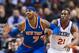 Jan 26, 2013; Philadelphia, PA, USA; New York Knicks forward Carmelo Anthony (7) battles for position with Philadelphia 76ers forward Thaddeus Young (21) during the first quarter at the Wells Fargo Center. The Sixers defeated the Knicks 97-80. Mandatory Credit: Howard Smith-USA TODAY Sports