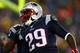 FOXBORO, MA - JANUARY 11: LeGarrette Blount #29 of the New England Patriots celebrates in the end zone after scoring a 2 yard touchdown in the first quarter against the Indianapolis Colts during the AFC Divisional Playoff game at Gillette Stadium on January 11, 2014 in Foxboro, Massachusetts. (Photo by Elsa/Getty Images)