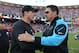 November 10, 2013; San Francisco, CA, USA; San Francisco 49ers head coach Jim Harbaugh (left) shakes hands with Carolina Panthers head coach Ron Rivera (right) after the game at Candlestick Park. The Panthers defeated the 49ers 10-9. Mandatory Credit: Kyle Terada-USA TODAY Sports