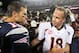 Oct 7, 2012; Foxborough, MA, USA; New England Patriots quarterback Tom Brady (12) shakes hands with Denver Broncos quarterback Peyton Manning (18) following the game at Gillette Stadium. The Patriots defeated the Broncos 31-21. Mandatory Credit: Stew Milne-USA TODAY Sports