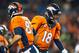 DENVER, CO - DECEMBER 8: Quarterback Peyton Manning #18 of the Denver Broncos celebrates a 20 yard fourth quarter touchdown pass to Eric Decker #87 during a game against the Tennessee Titans at Sports Authority Field Field at Mile High on December 8, 2013 in Denver, Colorado. (Photo by Dustin Bradford/Getty Images)