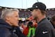 December 8, 2013; San Francisco, CA, USA; Seattle Seahawks head coach Pete Carroll (left) shakes hands with San Francisco 49ers head coach Jim Harbaugh (right) after the game at Candlestick Park. The 49ers defeated the Seahawks 19-17. Mandatory Credit: Kyle Terada-USA TODAY Sports