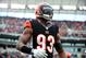 Dec 29, 2013; Cincinnati, OH, USA; Cincinnati Bengals defensive end Michael Johnson (93) against the Baltimore Ravens at Paul Brown Stadium. Bengals defeated the Ravens 34-17. Mandatory Credit: Andrew Weber-USA TODAY Sports