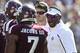 COLLEGE STATION, TX - OCTOBER 26: Texas A&M Aggies head coach Kevin Sumlin has words for Tramain Jacobs at Kyle Field on October 26, 2013 in College Station, Texas. (Photo by Bob Levey/Getty Images)