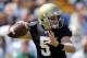 Apr. 21, 2012; South Bend, IN, USA; Notre Dame Fighting Irish quarterback Gunner Kiel (5) throws in the fourth quarter of the spring game at Notre Dame Stadium. Kiel wore the number five jersey in honor of his uncle and former Notre Dame quarterback Blair Kiel who died on April 8, 2012. Mandatory Credit: Matt Cashore-USA TODAY Sports