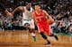 BOSTON, MA - JANUARY 13: Jeremy Lin #7 of the Houston Rockets drives the ball against Jordan Crawford #27 of the Boston Celtics on January 13, 2014 at the TD Garden in Boston, Massachusetts. NOTE TO USER: User expressly acknowledges and agrees that, by downloading and or using this photograph, User is consenting to the terms and conditions of the Getty Images License Agreement. Mandatory Copyright Notice: Copyright 2014 NBAE (Photo by Brian Babineau/NBAE via Getty Images)