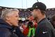 December 8, 2013; San Francisco, CA, USA; Seattle Seahawks head coach Pete Carroll (left) shakes hands with San Francisco 49ers head coach Jim Harbaugh (right) after the game at Candlestick Park. The 49ers defeated the Seahawks 19-17. Mandatory Credit: Kyle Terada-USA TODAY Sports