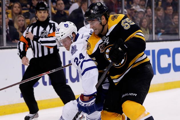 Johnny Boychuk Sends James Van Riemsdyk's Glove Flying...