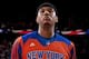PORTLAND, OR - NOVEMBER 25: Carmelo Anthony #7 of the New York Knicks stands on the court before the game against the Portland Trail Blazers on November 25, 2013 at the Moda Center Arena in Portland, Oregon. NOTE TO USER: User expressly acknowledges and agrees that, by downloading and or using this photograph, user is consenting to the terms and conditions of the Getty Images License Agreement. Mandatory Copyright Notice: Copyright 2013 NBAE (Photo by Cameron Browne/NBAE via Getty Images)
