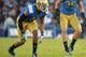 Nov 2, 2013; Pasadena, CA, USA; UCLA Bruins linebackers Anthony Barr (11) and Jordan Zumwalt (35) during the game against the Colorado Buffaloes at Rose Bowl. UCLA defeated Colorado 45-23. Mandatory Credit: Kirby Lee-USA TODAY Sports