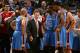 SALT LAKE CITY, UT - JANUARY 07: Scott Brooks, Head Coach of the Oklahoma City Thunder meets with players during a break in play against the Utah Jazz at EnergySolutions Arena on January 07, 2014 in Salt Lake City, Utah. NOTE TO USER: User expressly acknowledges and agrees that, by downloading and or using this Photograph, User is consenting to the terms and conditions of the Getty Images License Agreement. Mandatory Copyright Notice: Copyright 2013 NBAE (Photo by Melissa Majchrzak/NBAE via Getty Images)