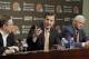Mike Lombardi, center, the Cleveland Browns vice president of player personnel, answers questions at during an NFL football news conference with CEO Joe Banner, left, and owner Jimmy Haslam at the team's practice facility in Berea, Ohio, Friday, Jan. 18, 2013. (AP Photo/Mark Duncan)