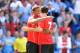 CARDIFF, WALES - AUGUST 10: Cardiff City's Peter Whittingham celebrates scoring a goal with teammate Frazier Campbell (L) during the Cardiff City v Athletic Club de Bilbao Pre Season Friendly game at the Cardiff City Stadium on August 10, 2013 in Cardiff, Wales. (Photo by Matthew Horwood/Getty Images)